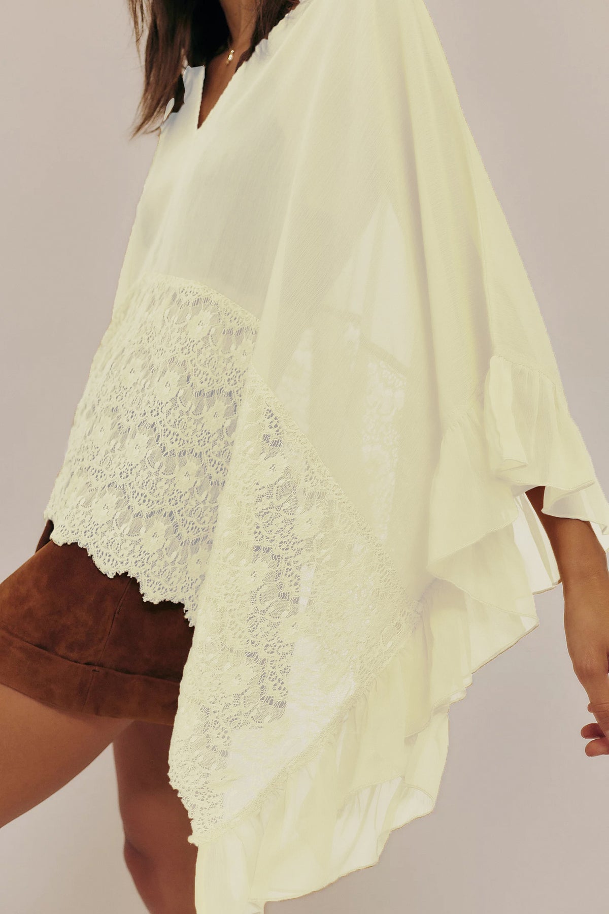 Sheer Chiffon Lace Trim Cape Blouse - Daffodils - 2