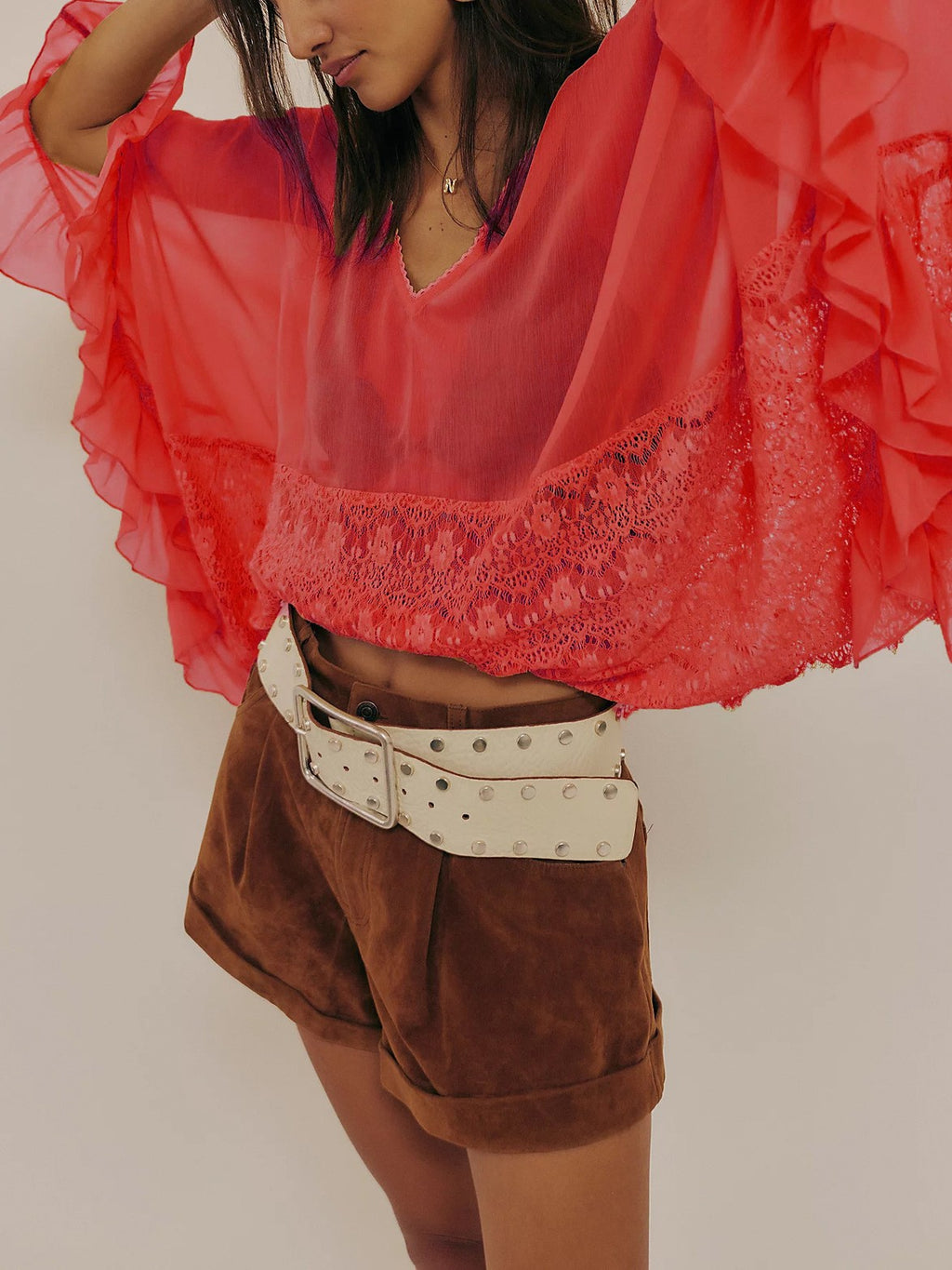 Sheer Chiffon Lace Trim Cape Blouse - Red