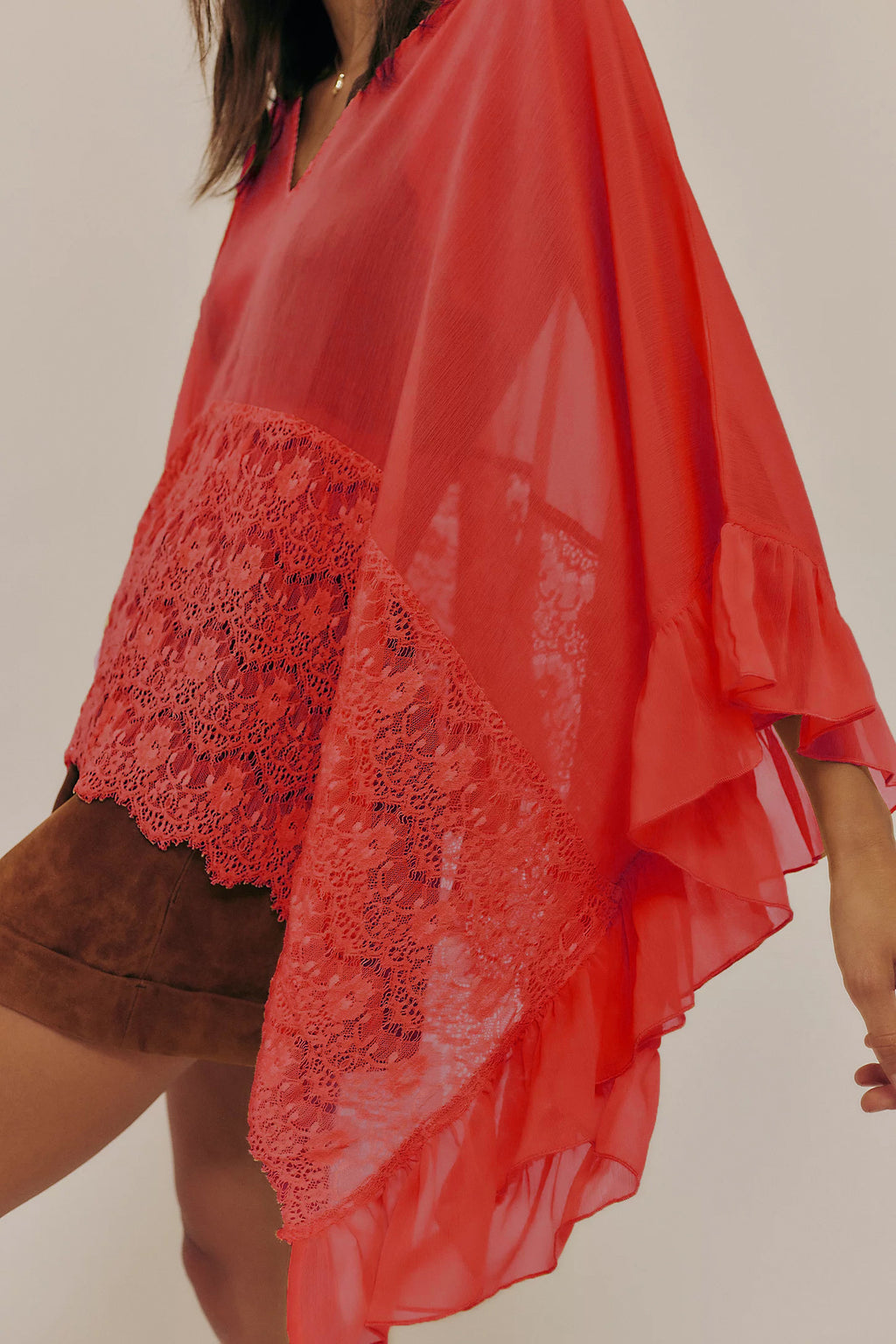 Sheer Chiffon Lace Trim Cape Blouse - Red - 1