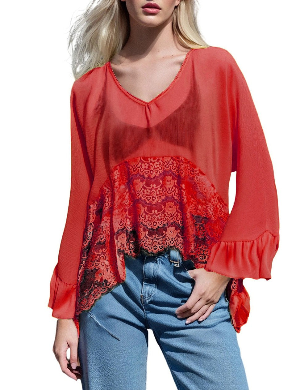 Sheer Chiffon Lace Trim Cape Blouse - Red - 2