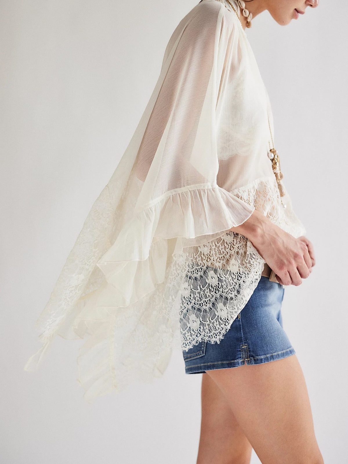 Sheer Chiffon Lace Trim Cape Blouse - White - 2