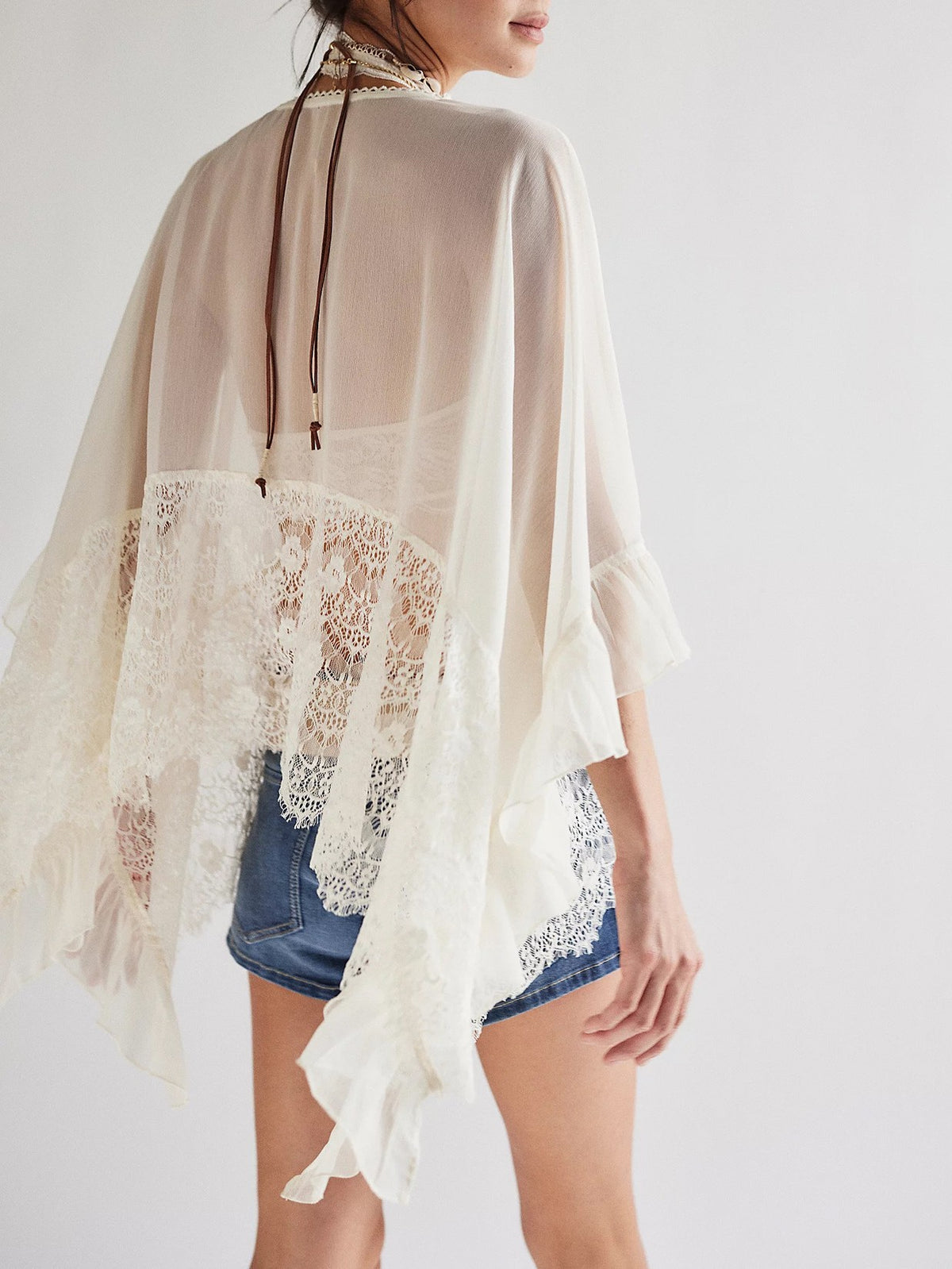 Sheer Chiffon Lace Trim Cape Blouse - White - 3