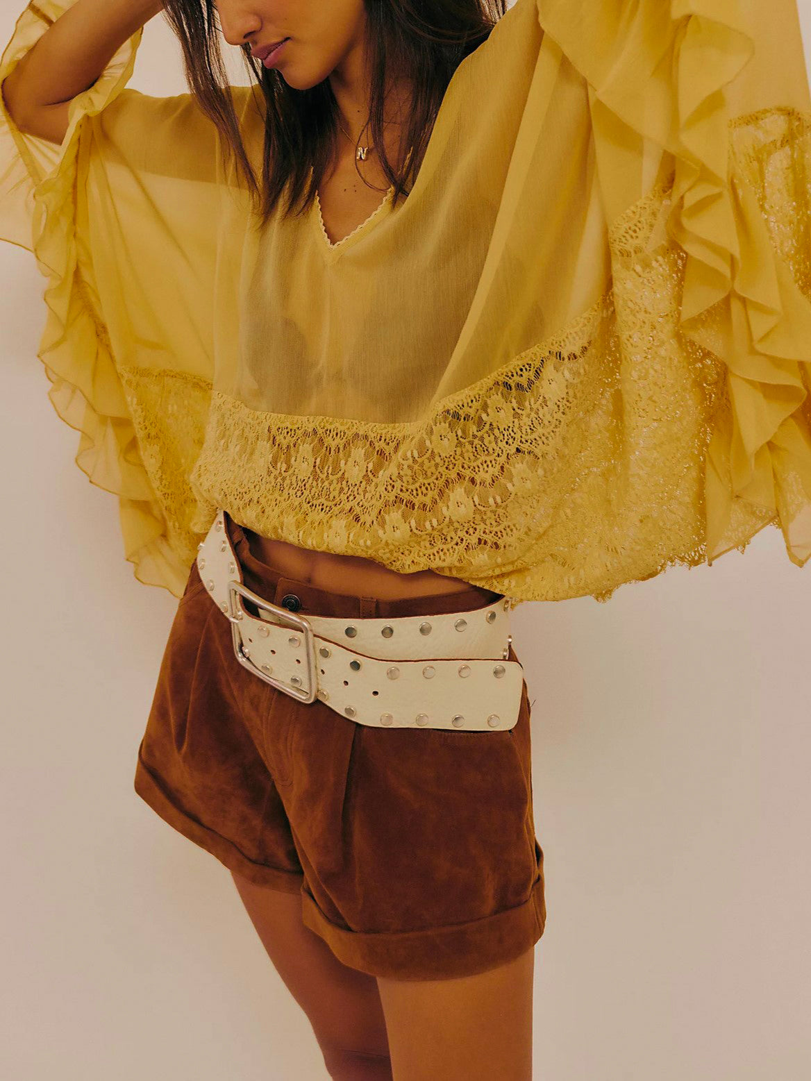 Sheer Chiffon Lace Trim Cape Blouse - Yellow