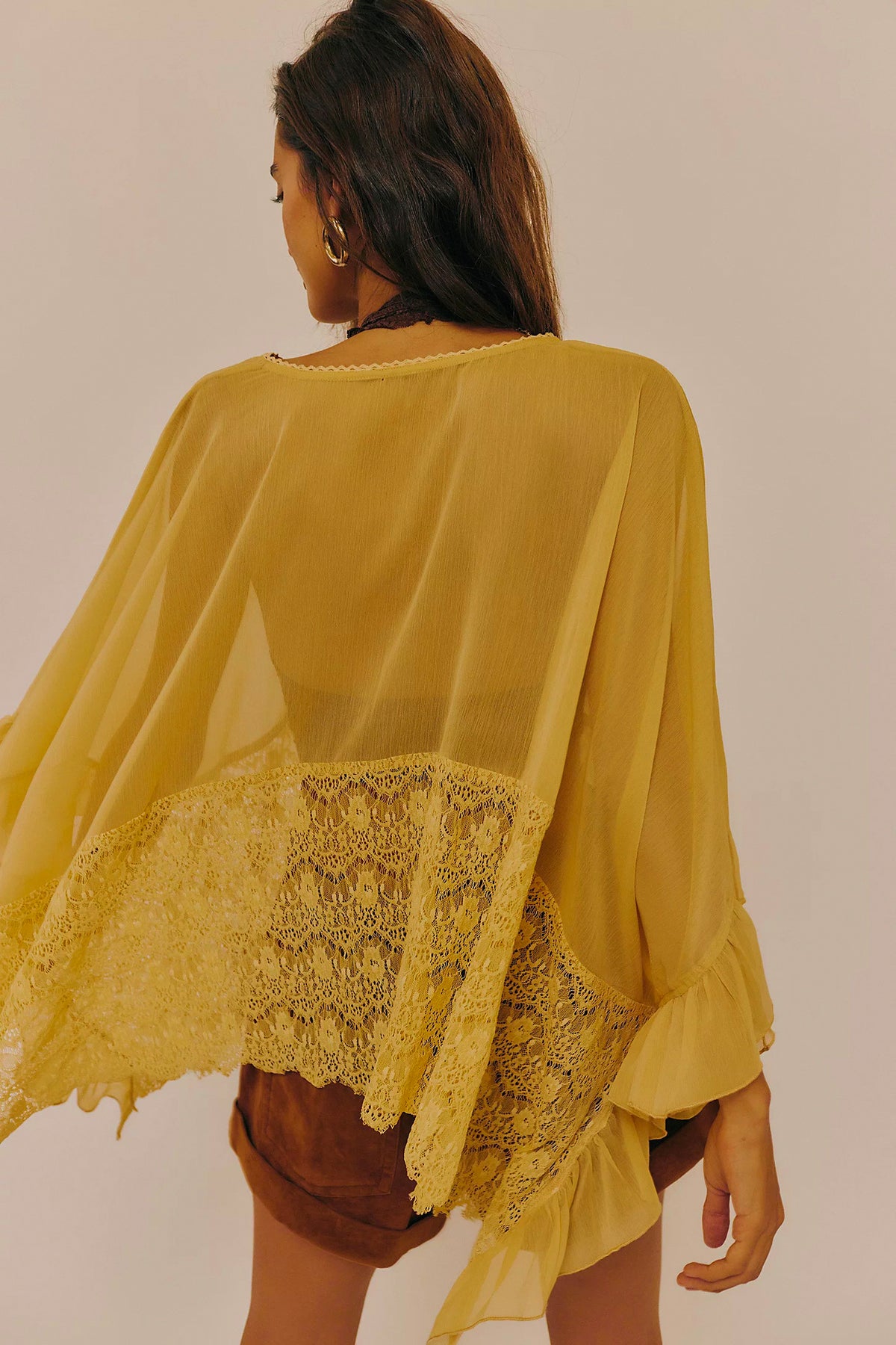 Sheer Chiffon Lace Trim Cape Blouse - Yellow - 1