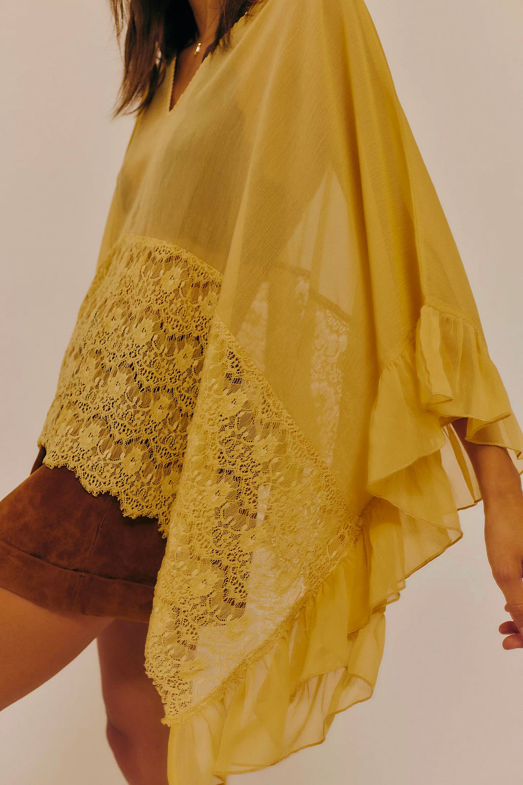 Sheer Chiffon Lace Trim Cape Blouse - Yellow - 2