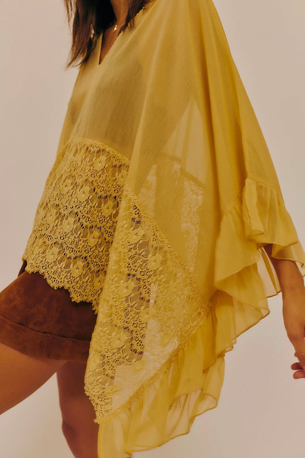 Sheer Chiffon Lace Trim Cape Blouse - Yellow - 2