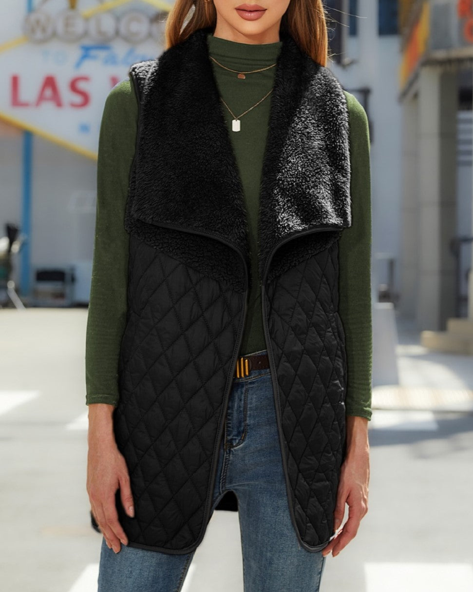 Sherpa Lapel Diamond Quilted Open Front Vest - Black