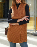 Sherpa Lapel Diamond Quilted Open Front Vest - Camel
