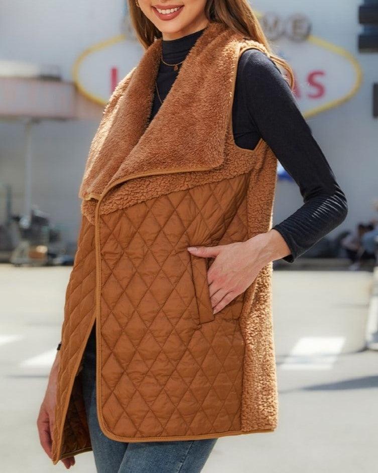 Sherpa Lapel Diamond Quilted Open Front Vest - Camel - 1