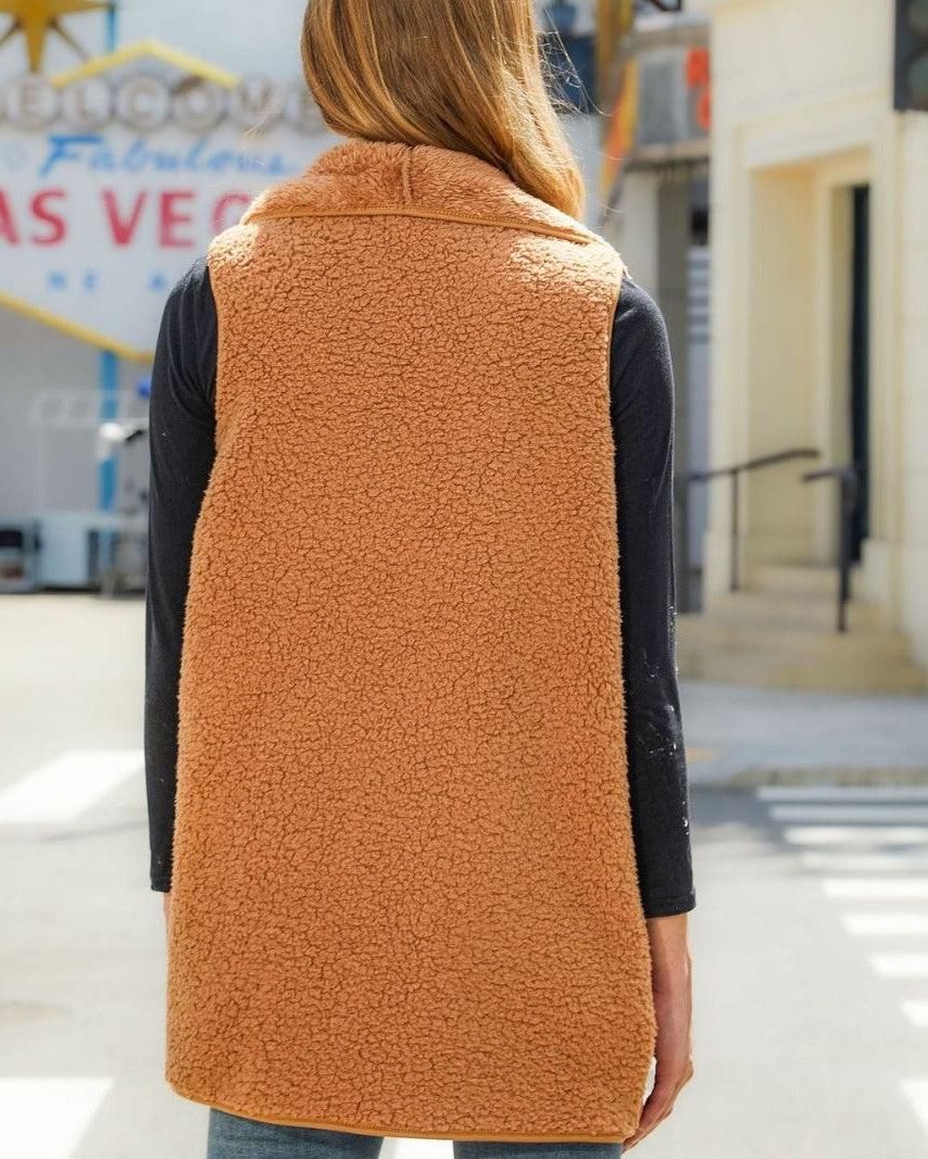 Sherpa Lapel Diamond Quilted Open Front Vest - Camel - 2