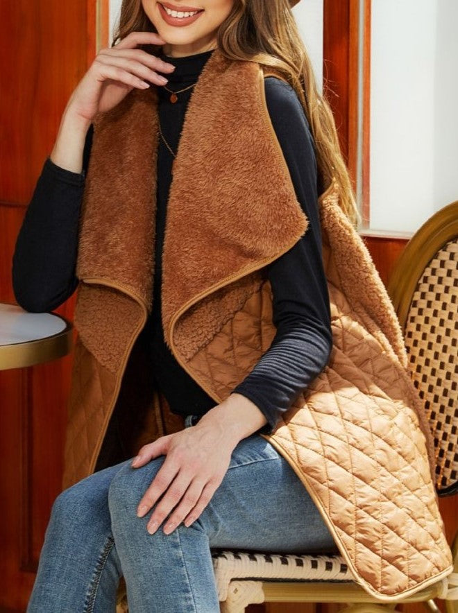 Sherpa Lapel Diamond Quilted Open Front Vest - Camel - 4