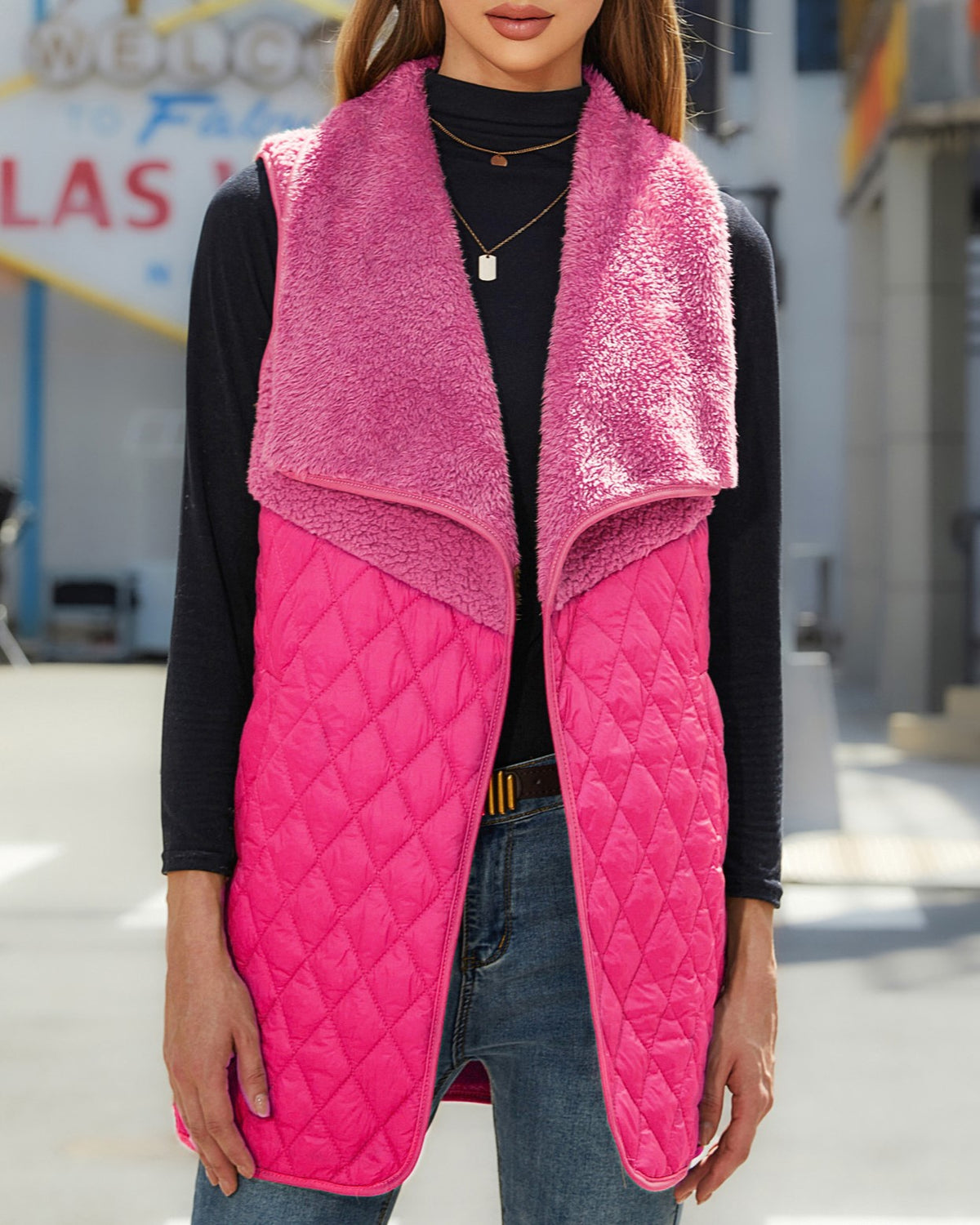Sherpa Lapel Diamond Quilted Open Front Vest - Rosered