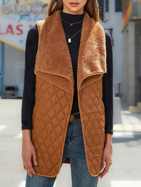 Sherpa Lapel Diamond Quilted Open Front Vest
