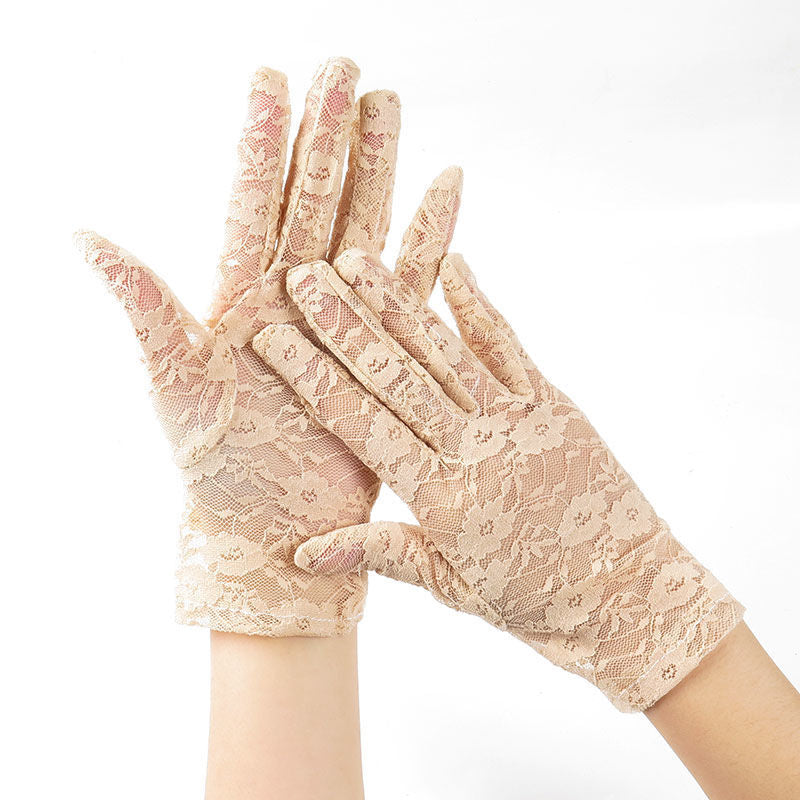 Short Floral Lace Wrist Length Gloves - Beige
