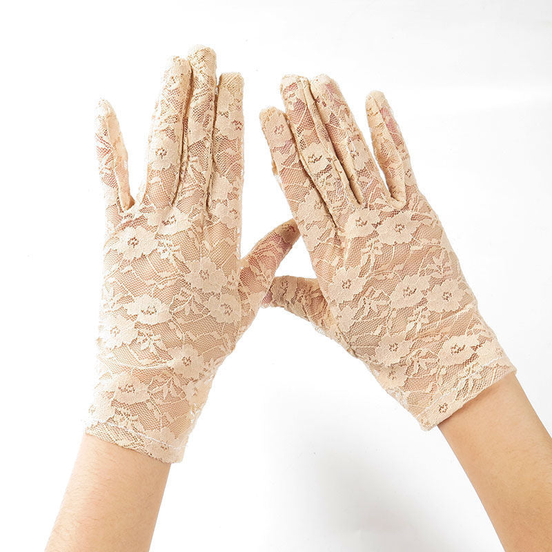 Short Floral Lace Wrist Length Gloves - Beige - 1