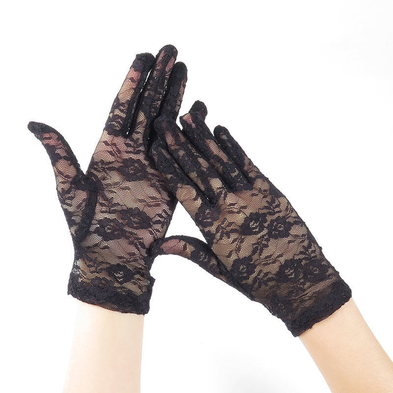 Short Floral Lace Wrist Length Gloves - Black