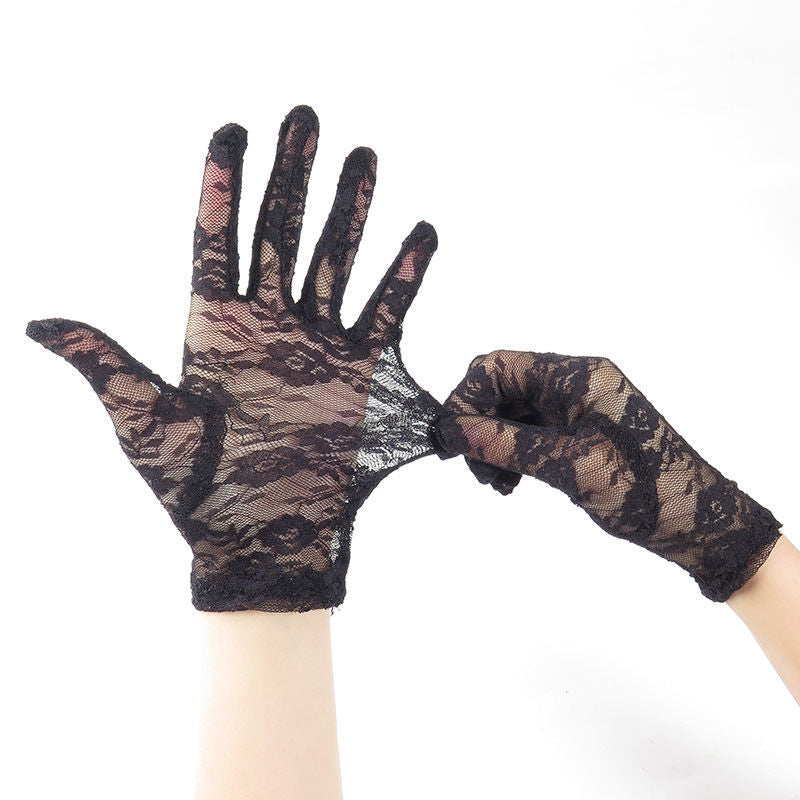 Short Floral Lace Wrist Length Gloves - Black - 1