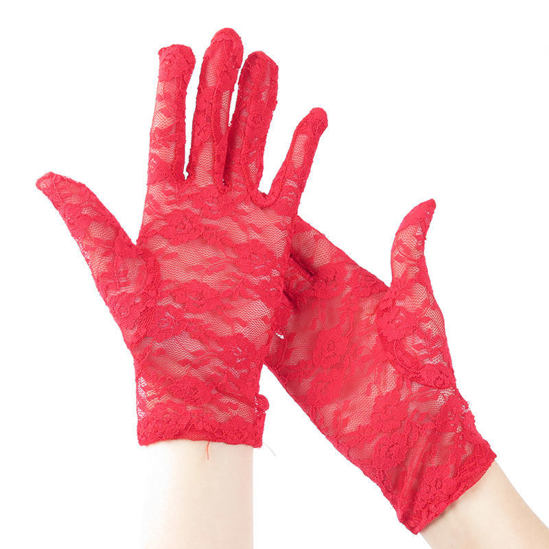 Short Floral Lace Wrist Length Gloves - Red - 1