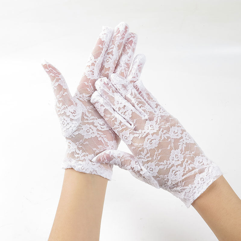 Short Floral Lace Wrist Length Gloves - White