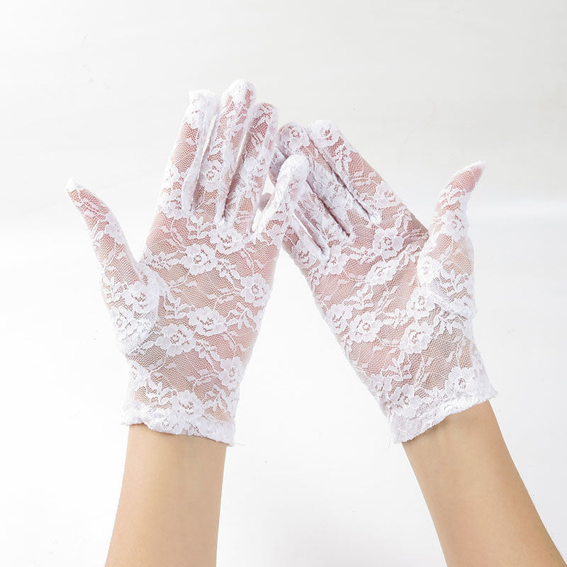 Short Floral Lace Wrist Length Gloves - White - 1