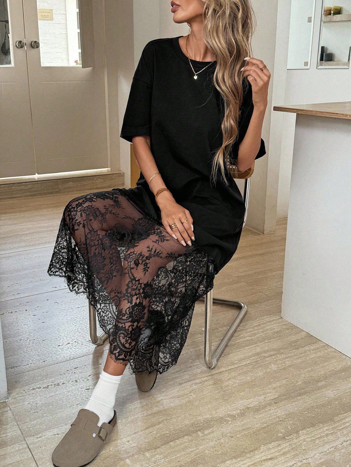 Sheer Lace Hem Maxi Tee Dress - Black
