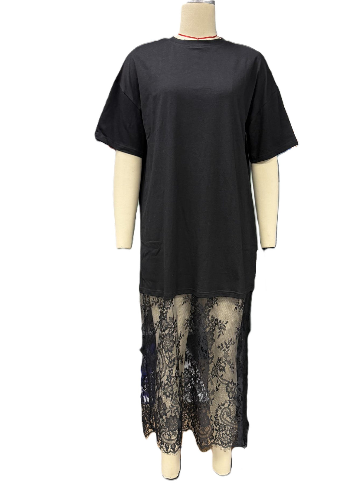 Sheer Lace Hem Maxi Tee Dress - Black - 1