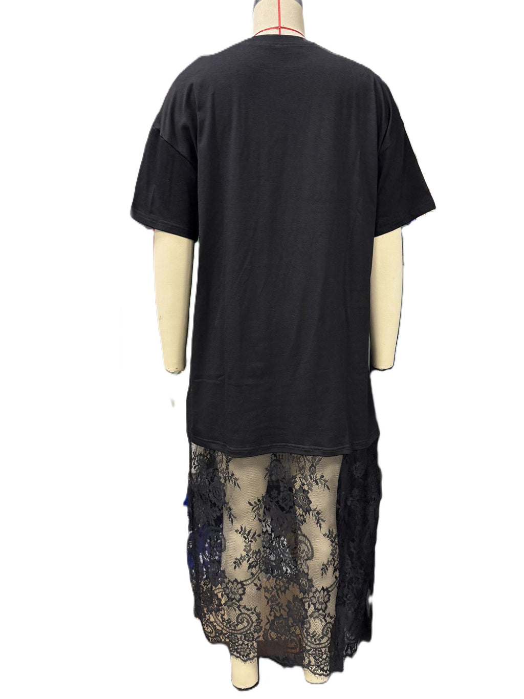Sheer Lace Hem Maxi Tee Dress - Black - 2
