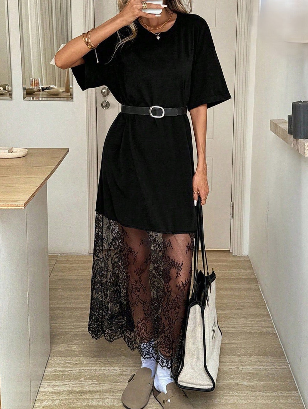 Sheer Lace Hem Maxi Tee Dress - Black - 3