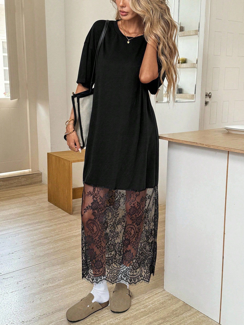 Sheer Lace Hem Maxi Tee Dress - Black - 4