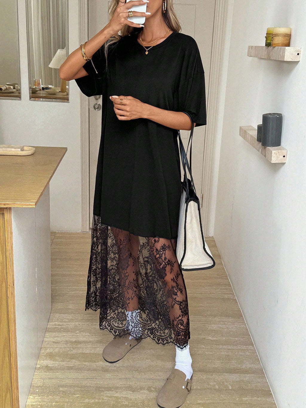 Sheer Lace Hem Maxi Tee Dress - Black - 5
