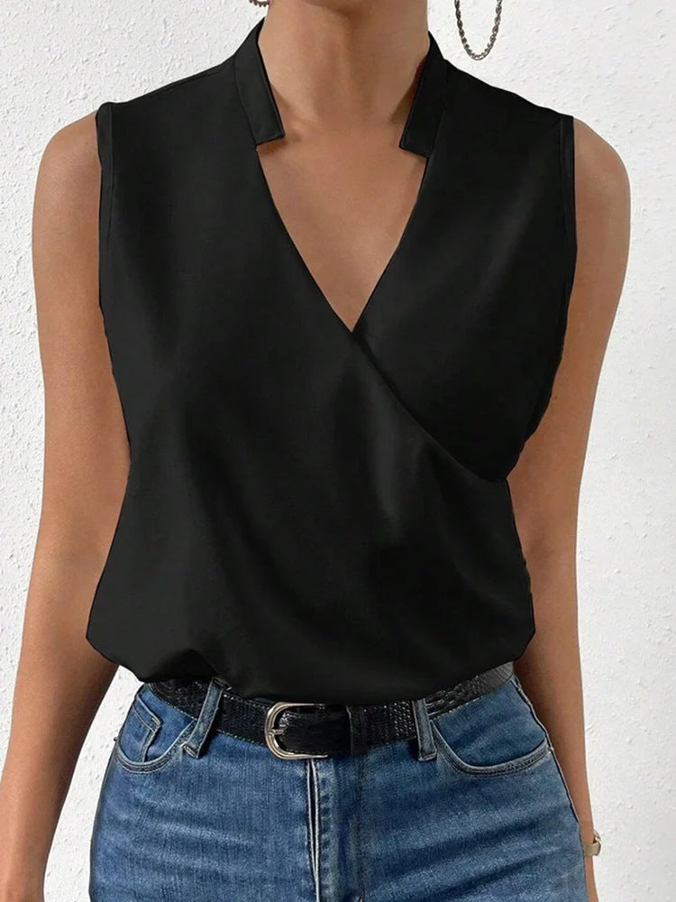 Sleeveless Surplice V Neck Tee - Black