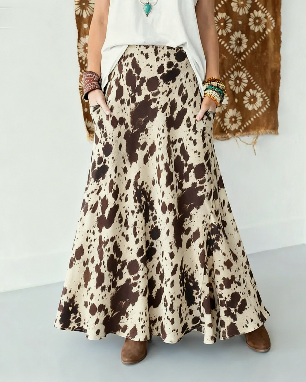 Western Cow Print Bias Cut Maxi Skirt - Cow