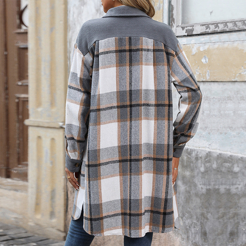 Longline Plaid Shacket Coat With Sherpa Collar - Grey - 2