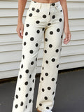 Polka Dot Print High Rise Straight Jeans - Beige