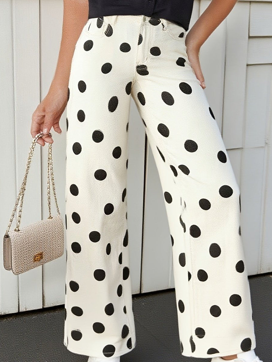Polka Dot Print High Rise Straight Jeans - Beige - 1
