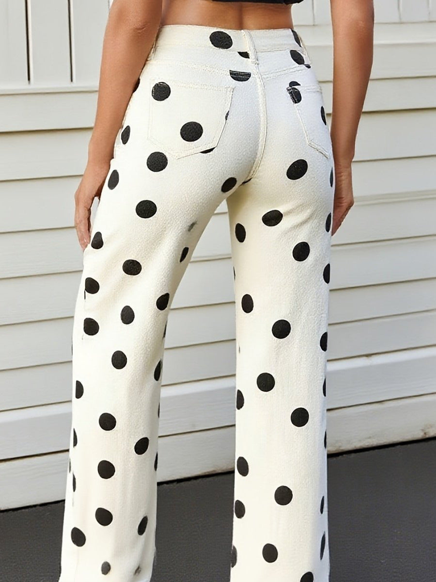 Polka Dot Print High Rise Straight Jeans - Beige - 2