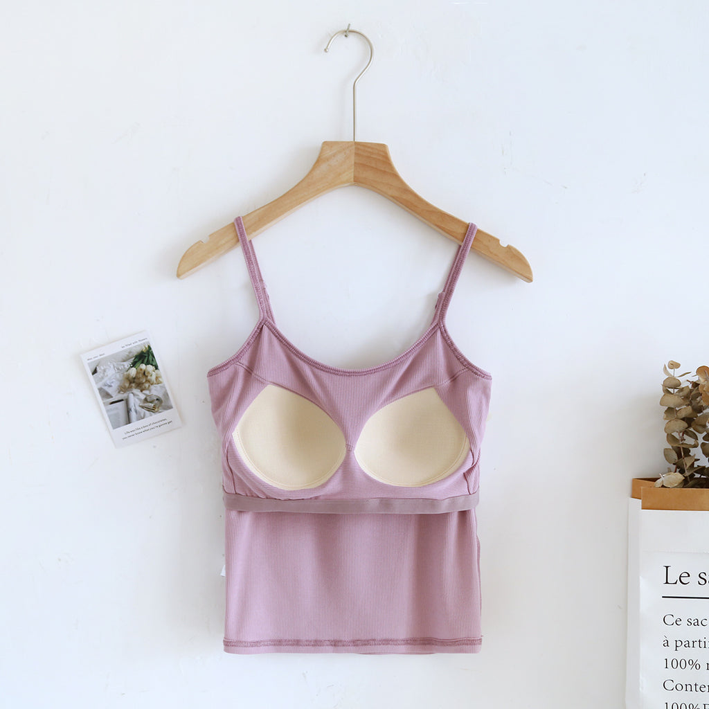 Ribbed Built In Bra Basic Cami Top - LTPurple - 11