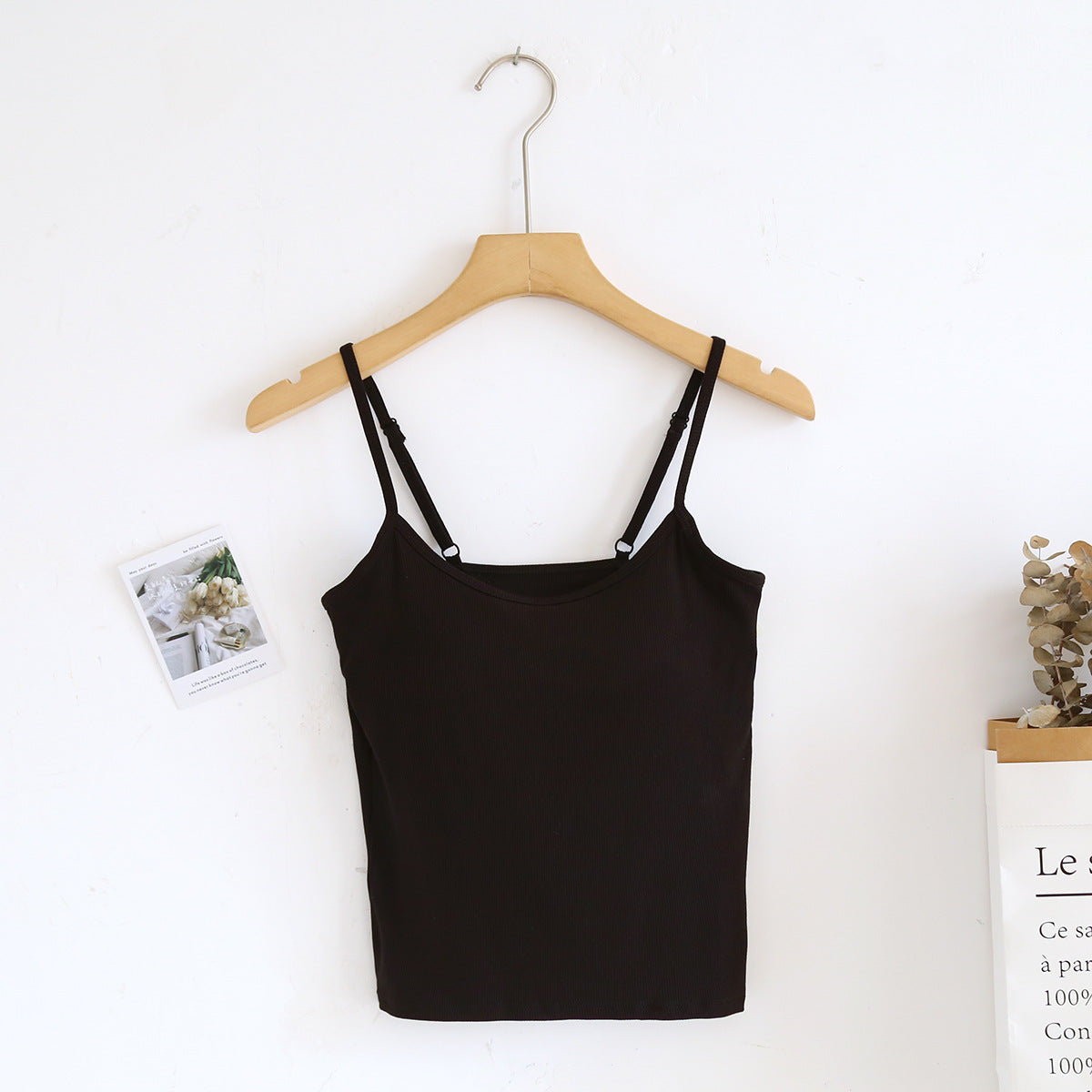 Ribbed Built In Bra Basic Cami Top - black