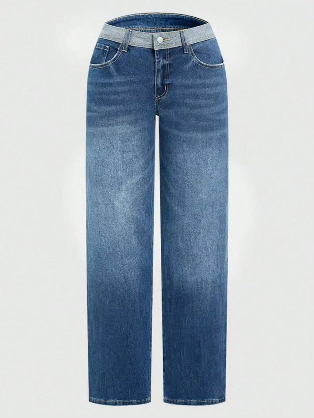Contrast Waistband Baggy Wide Leg Jeans - blue