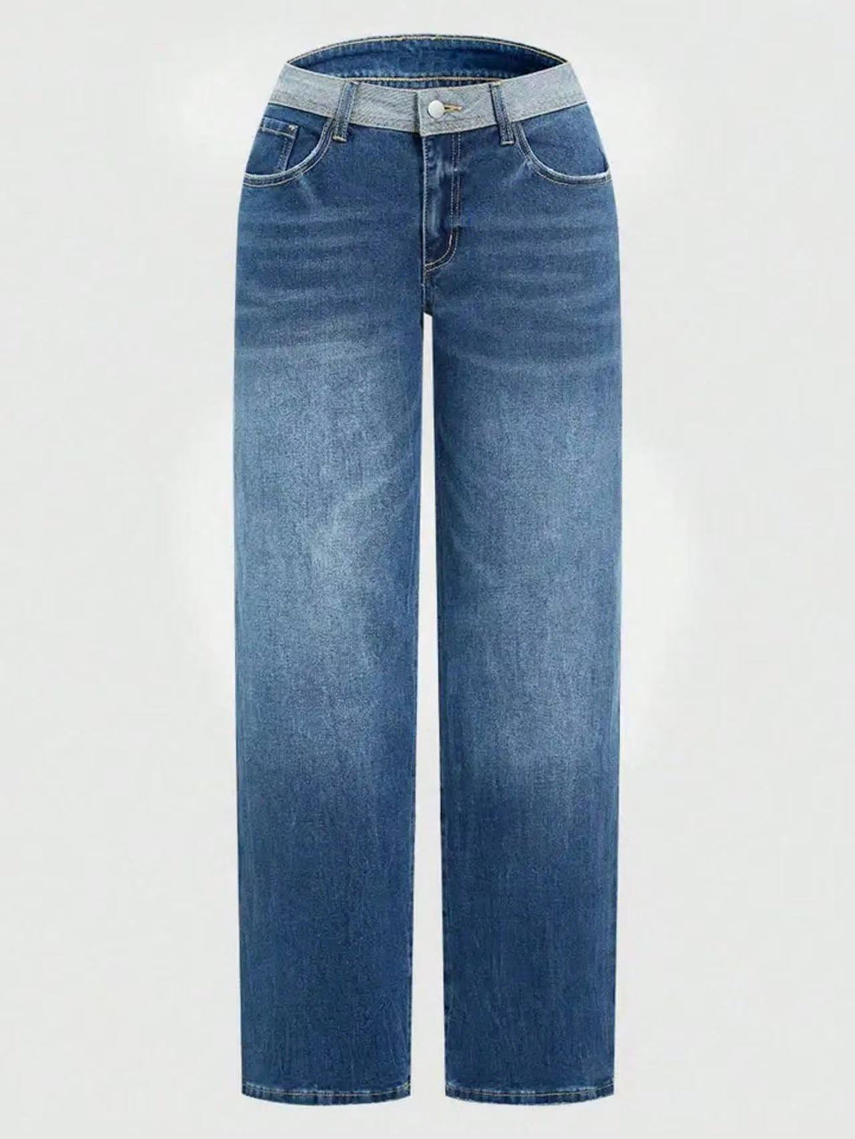 Contrast Waistband Baggy Wide Leg Jeans - blue