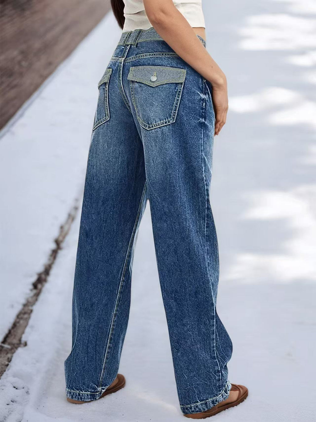 Contrast Waistband Baggy Wide Leg Jeans