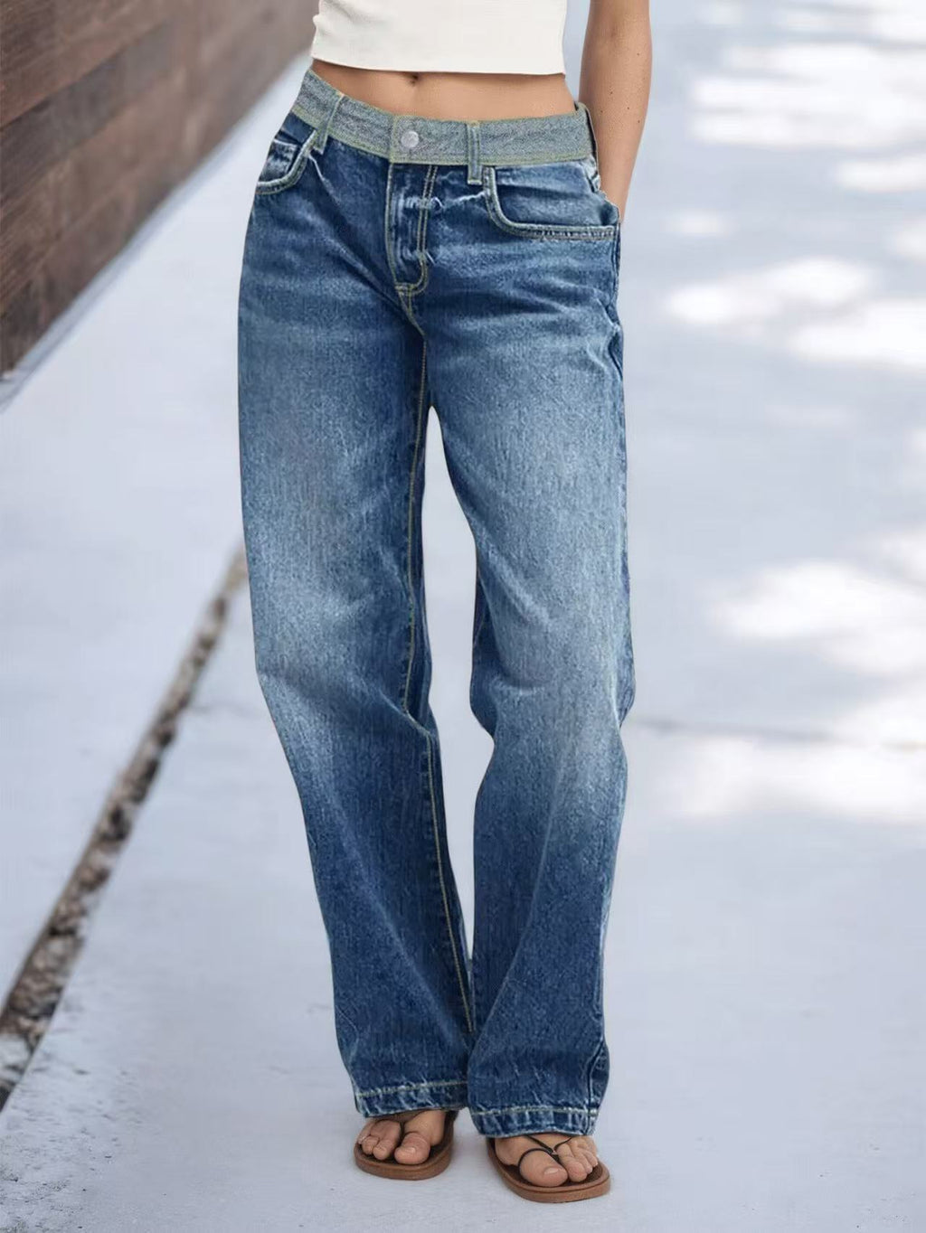 Contrast Waistband Baggy Wide Leg Jeans - view 1