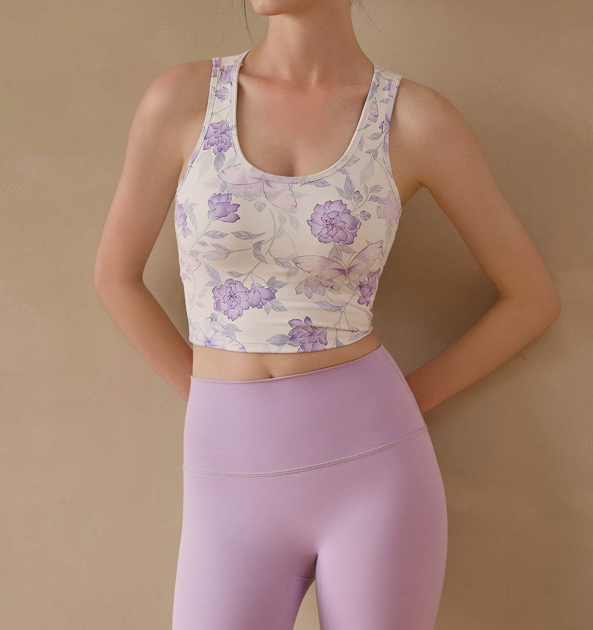 Butterfly Print Open Back Padded Workout Crop Tank - Lilac Floral