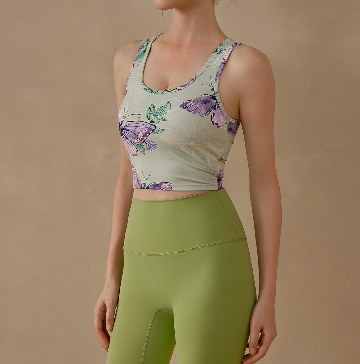 Butterfly Print Open Back Padded Workout Crop Tank - Mint Butterfly
