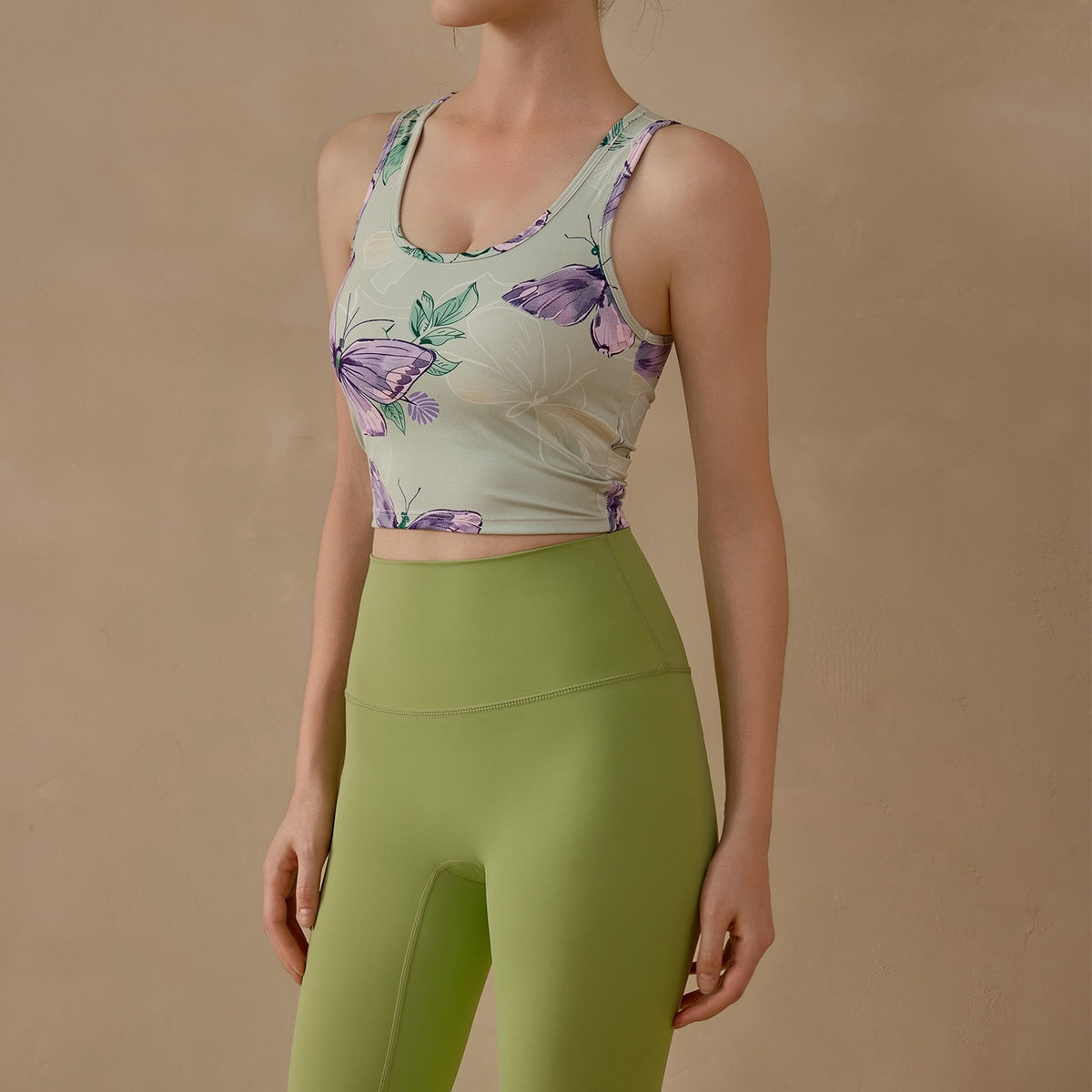 Butterfly Print Open Back Padded Workout Crop Tank