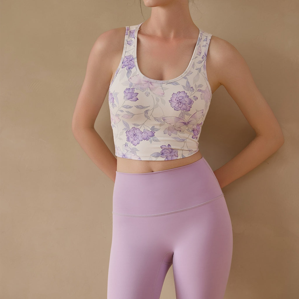 Butterfly Print Open Back Padded Workout Crop Tank