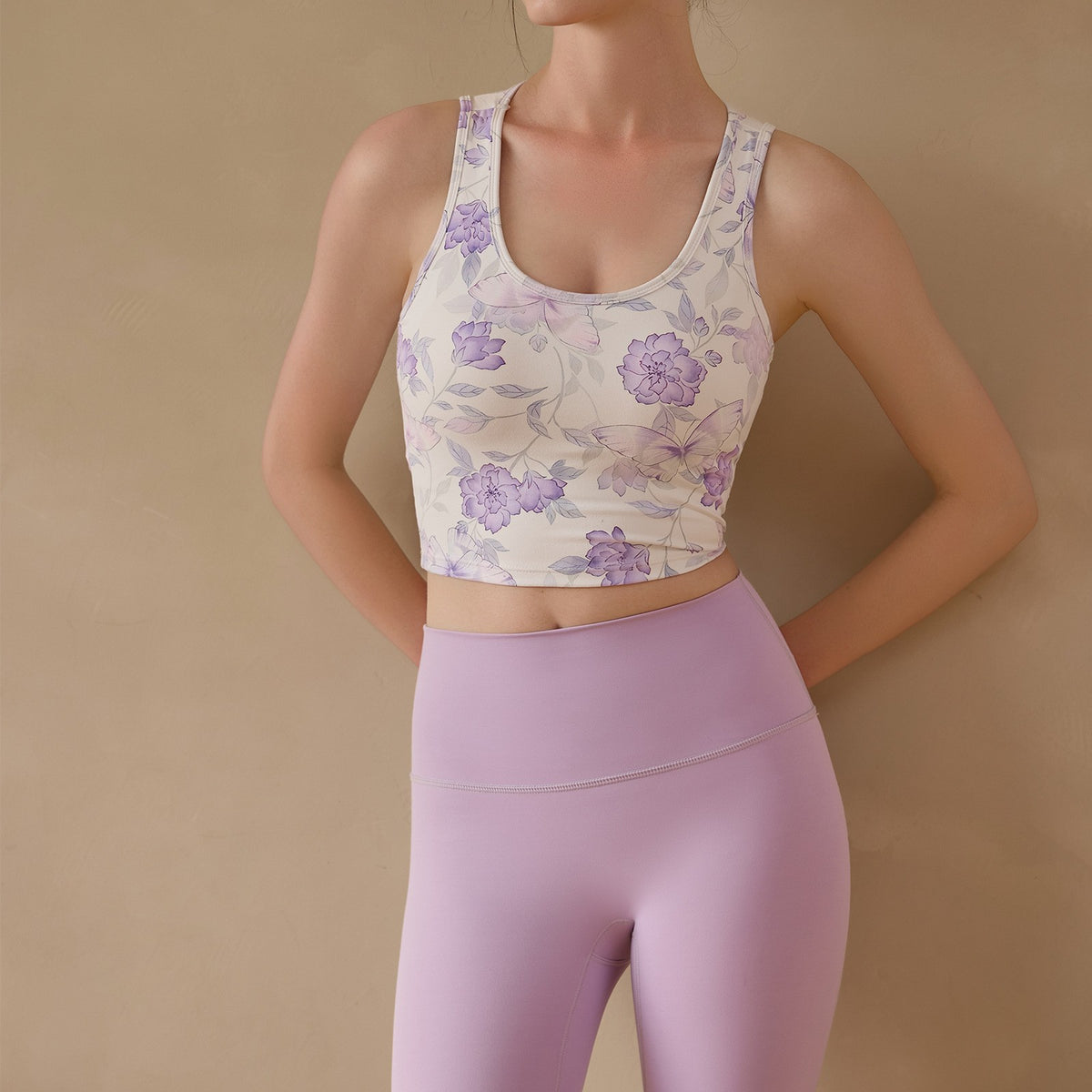 Butterfly Print Open Back Padded Workout Crop Tank
