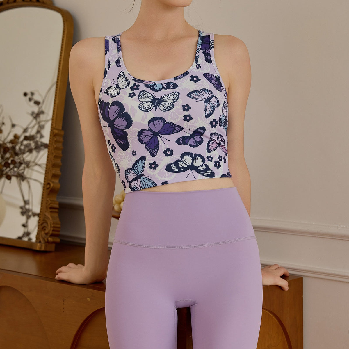 Butterfly Print Open Back Padded Workout Crop Tank