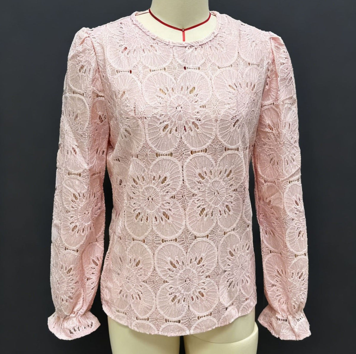 Floral Eyelet Lace Long Sleeve Blouse - Pink