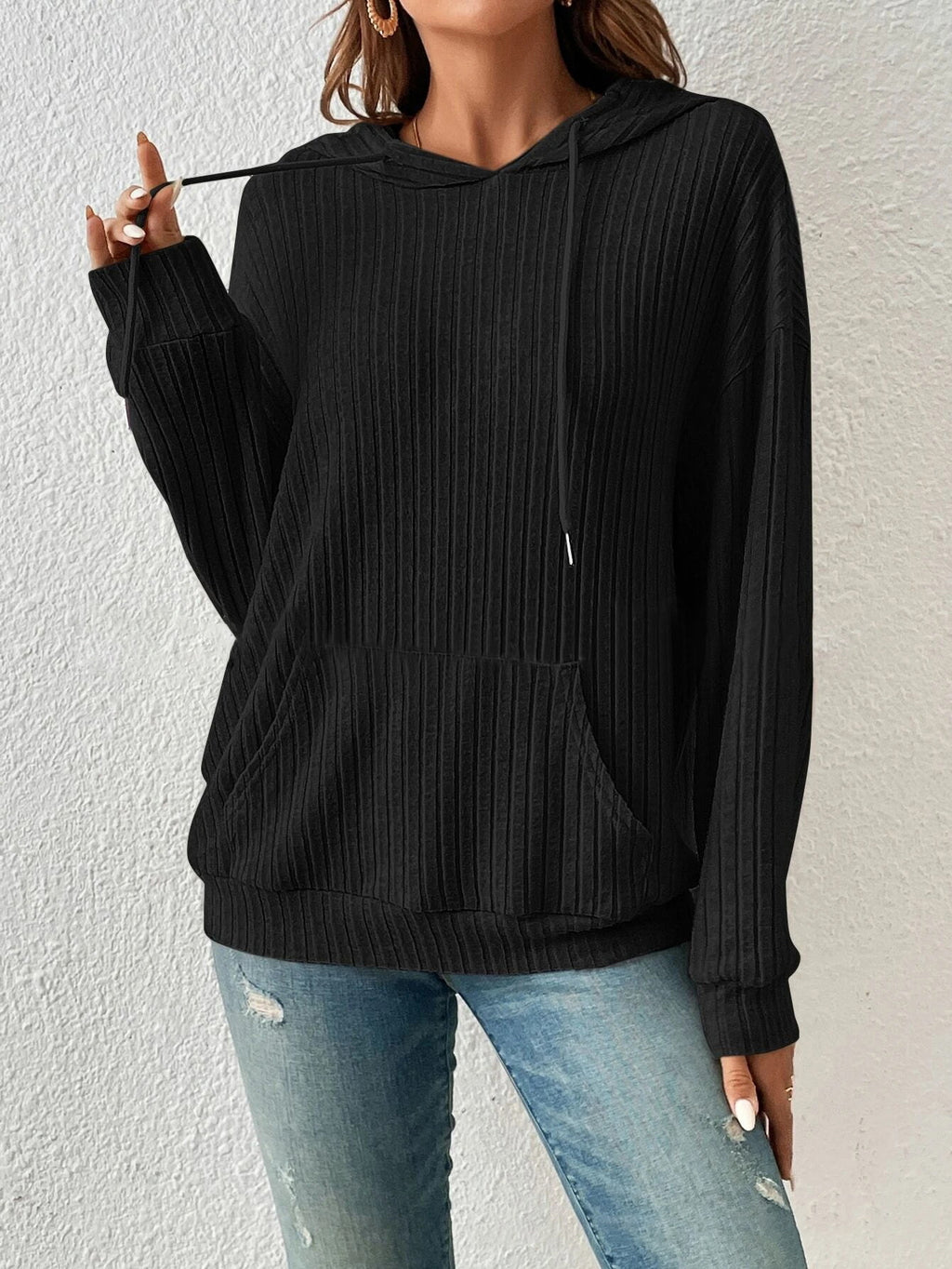 Ribbed Knit Drawstring Hoodie With Kangaroo Pocket - Black